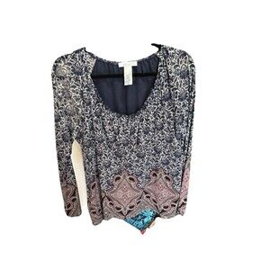 Liz Wear US XL Long Sleeve Floral Blouse Dark Blue And White